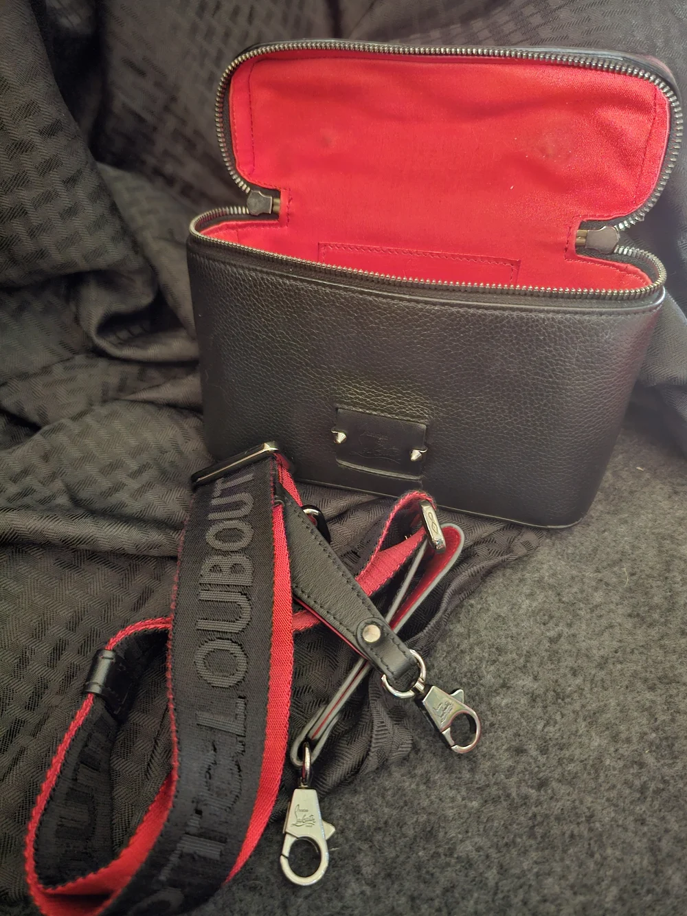 Christian Louboutin Bum Loubilab Black Pebbled Leather Crossbody Bag Red Lining